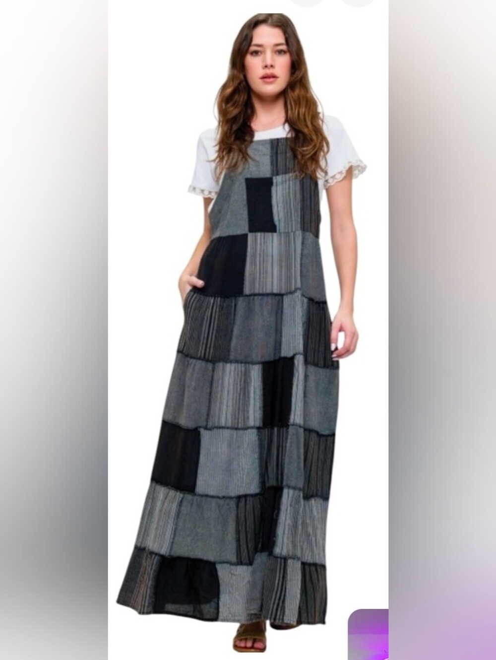 Patchwork Tiered Maxi Dress in Black and Gray